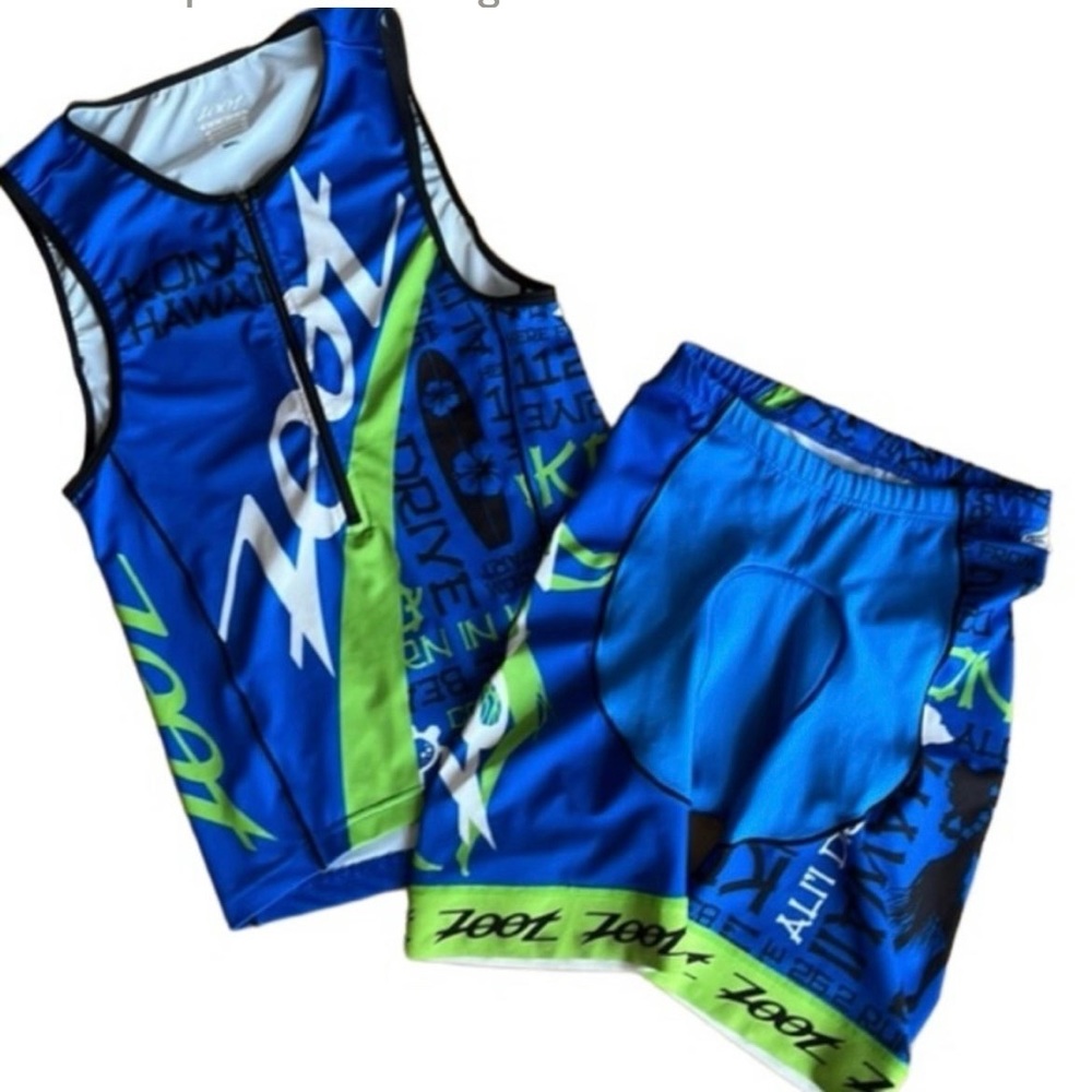 ZOOT MENS TRIATHLON CYCLING KIT SHORTS & 1/2 ZIP JERSEY SLEEVELESS BLUE GREEN SM